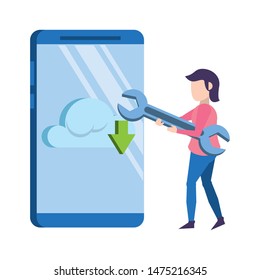 technology web digital network hardware, smartphone downloading and uploading data information support cartoon vector illustration graphic design