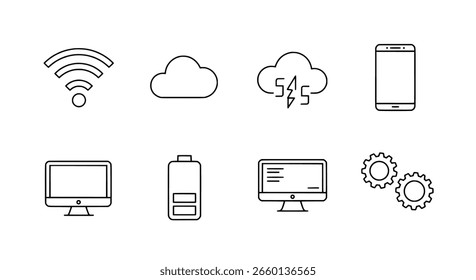 Technology and web icon set in a simple line art style. A minimalist collection of digital symbols like wifi, computer, and smartphone.