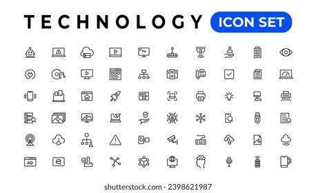 Conjunto de iconos Esquema web de tecnología. Iconos de red y tecnología. diseño web, sitio web, computadora, software, progreso, tecnología, datos, internet, iconos, colección. Ilustración vectorial.