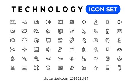 Technology web Outline icon set. Network and technology icons. web design, website, computer, software, progress, technology, data, internet, icons, collection. Vector illustration.