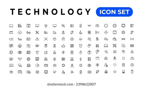 Technology Web Outline Icon Set. Netzwerk- und Technologiesymbole. Web-Design, Website, Computer, Software, Fortschritt, Technologie, Daten, Internet, Symbole, Sammlung. Vektorgrafik.