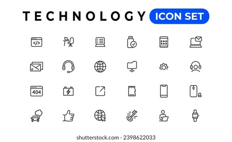 Technology Web Outline Icon Set. Netzwerk- und Technologiesymbole. Web-Design, Website, Computer, Software, Fortschritt, Technologie, Daten, Internet, Symbole, Sammlung. Vektorgrafik.