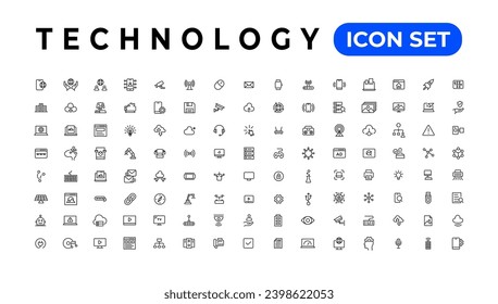 Technology web Outline icon set. Network and technology icons. web design, website, computer, software, progress, technology, data, internet, icons, collection. Vector illustration.