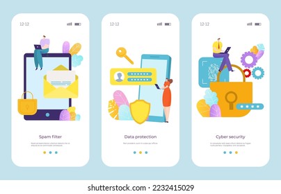 Tarjeta de seguridad web de tecnología, filtro de correo basura de protección de datos personales página de Internet ilustración vectorial plana.