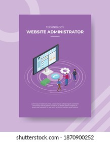 Administrator der Technologie-Website steht vor dem Computer-Bubble-Chat-Einstellung für Vorlagenflyer und Banner-Cover isometrischer 3D-Flachformat