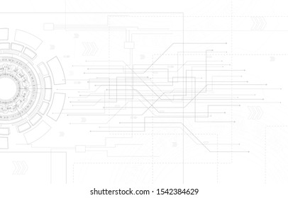 Technology white circle gear connect with system or server. 2d concept information digital abstract black background vector illustration