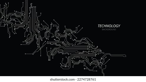 Technology white circuit diagram on black background. High-tech circuit board connection system.Vector abstract technology on black background.