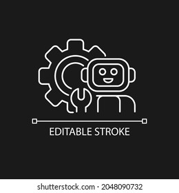 Technology white linear icon for dark theme. Robot with wrench against background of huge gear. Thin line customizable illustration. Isolated vector contour symbol for night mode. Editable stroke