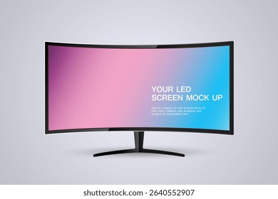 A Technology wide screen LED Curved TV wide screens for Digital Signage Stand show information, A Modern HD TV mock-up highlight screen vector design