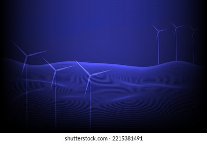 Technology windmill energy. The windmill line connection wireframe design. Abstract geometric line gradient blue background. Vector illustration. Futuristic glowing windmill farm on dark background.