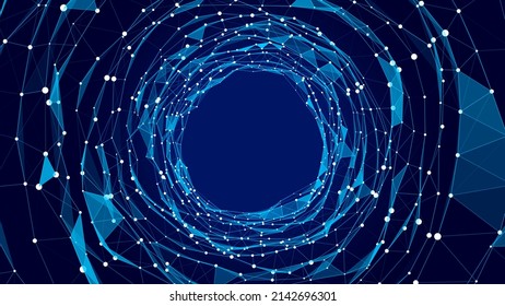 Technology wireframe circle tunnel on dark background. Futuristic 3D wormhole grid. Digital dynamic wave. Vector illustration.