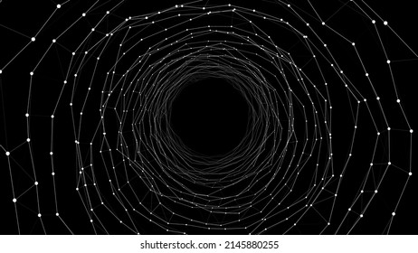 Technology wireframe circle tunnel on dark background. Futuristic 3D wormhole grid. Digital dynamic wave. Vector illustration.