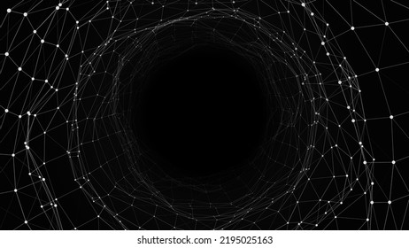 Technology wireframe circle tunnel on dark background. Futuristic 3D wormhole grid. Digital dynamic wave. Vector illustration.