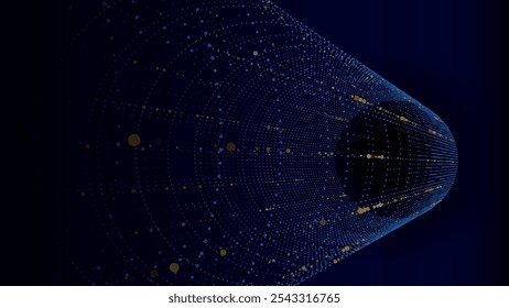 Túnel de Tecnología del círculo del wireframe en fondo oscuro. Cuadrícula de agujero de gusano 3D futurista. Onda dinámica digital. Ilustración vectorial.