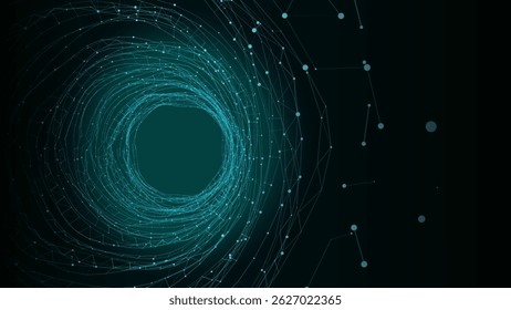 Túnel de Tecnología del círculo del wireframe en fondo oscuro. Cuadrícula de agujero de gusano 3D futurista. Onda dinámica digital. Ilustración vectorial.