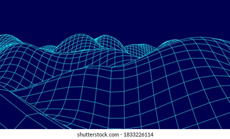 Technology wireframe landscape. Futuristic polygonal terrain background. Digital vector illustration. Retro design.
