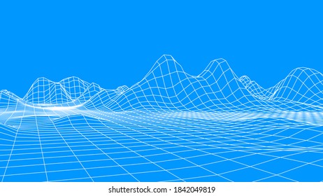 El panorama de las wireframe tecnológicas. Fondo de terreno polígono futurista. Ilustración vectorial digital. Diseño retro.
