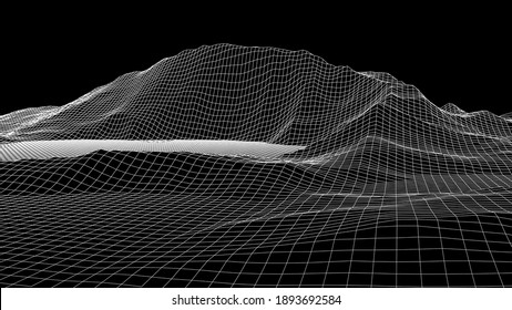 Technology wireframe landscape. Futuristic polygonal terrain background. Digital vector illustration. Retro design.