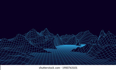 El panorama de las wireframe tecnológicas. Fondo de terreno polígono futurista. Ilustración vectorial digital. Diseño retro.