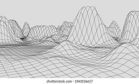 El panorama de las wireframe tecnológicas. Fondo de terreno polígono futurista. Ilustración vectorial digital. Diseño retro.