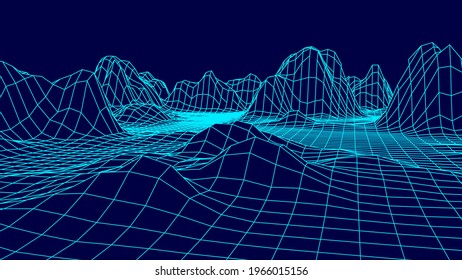 Technology wireframe landscape. Futuristic polygonal terrain background. Digital vector illustration. Retro design.
