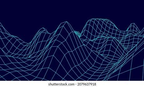El panorama de las wireframe tecnológicas. Fondo de terreno polígono futurista. Ilustración vectorial digital. Diseño retro.