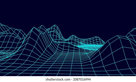 Technologie-Wireframe-Landschaft. Futuristische polygonale Geländehintergründe. Digitale Vektorgrafik. Retro-Design.