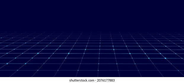 Technology wireframe landscape. Vector perspective grid. Digital space. Mesh on a blue background.