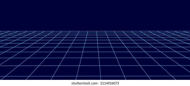 Technology wireframe landscape. Vector perspective grid. Digital space. Blue mesh on a black background.