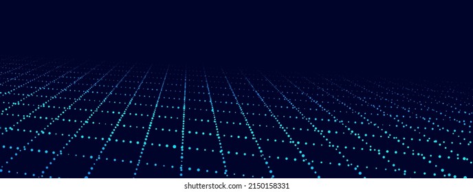 Technology wireframe landscape. Vector perspective grid. Digital space. Blue mesh on a black background.