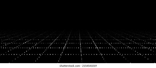 Technology wireframe landscape. Vector perspective grid. Digital space. White mesh on a black background.