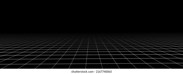 Technology wireframe landscape. Vector perspective grid. Digital space. Black mesh on a black background.