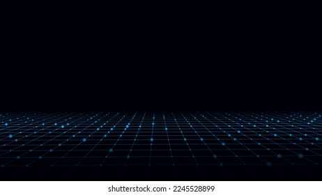Technology wireframe landscape. Vector perspective grid. Digital space. Blue mesh on a black background.