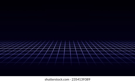 Technology wireframe landscape. Vector perspective grid. Digital space. Purpure mesh on a black background.