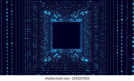 Technology wireframe square tunnel on dark background. Futuristic 3D wormhole grid. Digital dynamic wave. Vector illustration.