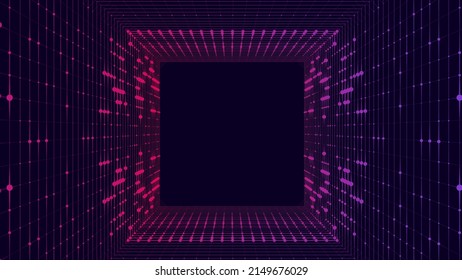 Technology wireframe square tunnel on dark background. Futuristic 3D wormhole grid. Digital dynamic wave. Vector illustration. svg