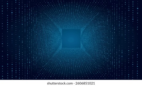Technology wireframe square tunnel on blue background. Futuristic 3D wormhole grid. Big data visualization. Vector illustration.