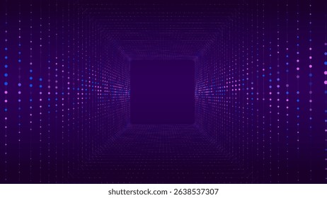 Technology wireframe square tunnel on blue background. Futuristic 3D wormhole grid. Big data visualization. Vector illustration.