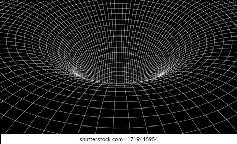 Technology wireframe tunnel on black background. Futuristic 3D vector grid.