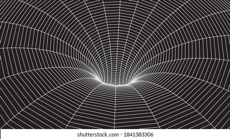 Technology wireframe tunnel on black background. Futuristic 3D vector grid.
