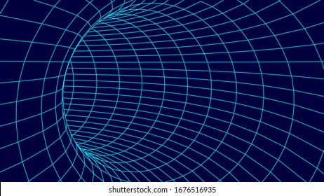 Technology wireframe tunnel on blue background. Futuristic 3D vector grid.