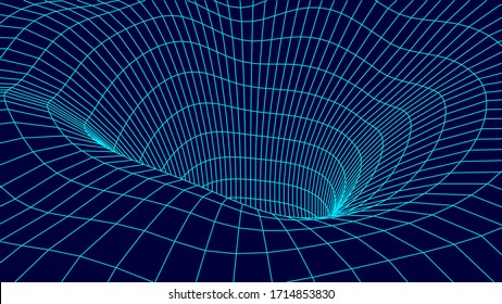 Technology wireframe tunnel on blue background. Futuristic 3D vector grid.