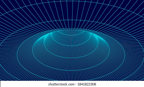 túnel de alambre tecnológico sobre fondo azul. Cuadrícula vectorial 3D futurista.