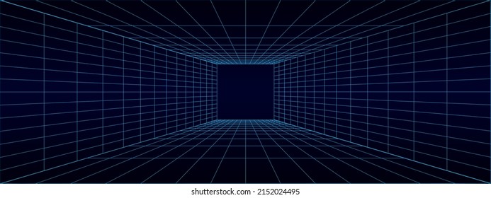 Technology wireframe tunnel on dark blue background. Futuristic 3D vector grid. Abstract modern banner for sci-fi design. 