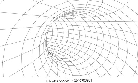 Technology wireframe tunnel on white background. Futuristic 3D vector grid.
