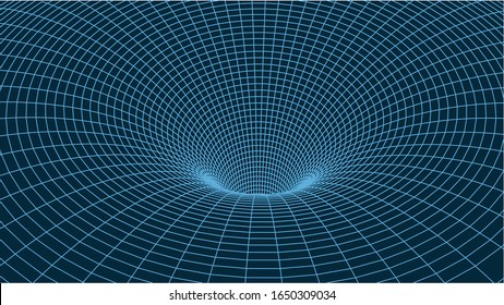 Technology wireframe tunnel on white background. Futuristic 3D wormhole.