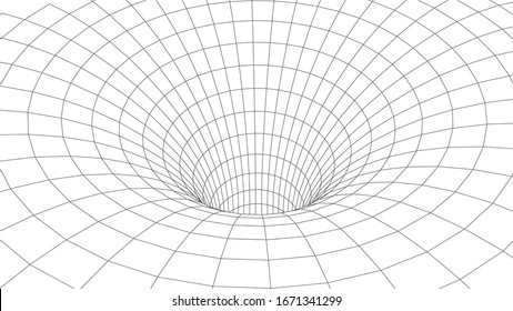 Technology wireframe tunnel on white background. Futuristic 3D vector grid.