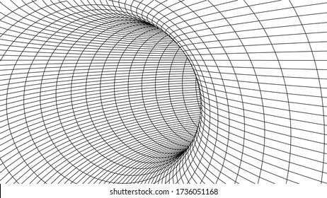 Technology wireframe tunnel on white background. Futuristic 3D vector grid.