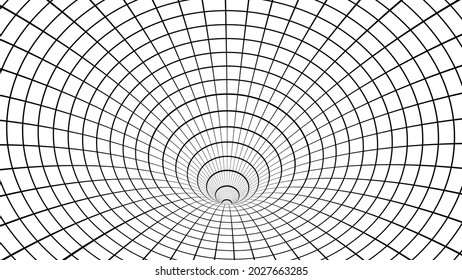 Technology wireframe tunnel on white background. Futuristic 3D vector grid.	