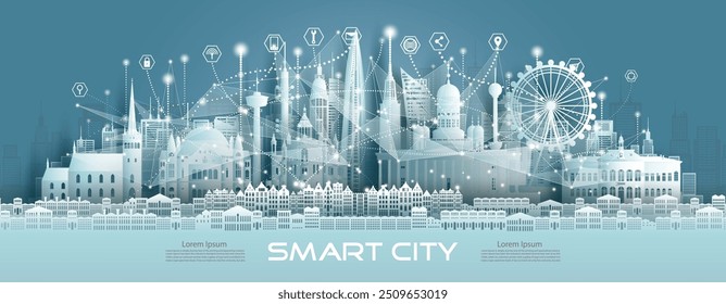 Technology wireless in Finland network communication icon smart city with architecture in Finland at europe for design banner technology, Green city wireless network architecture in helsinki.